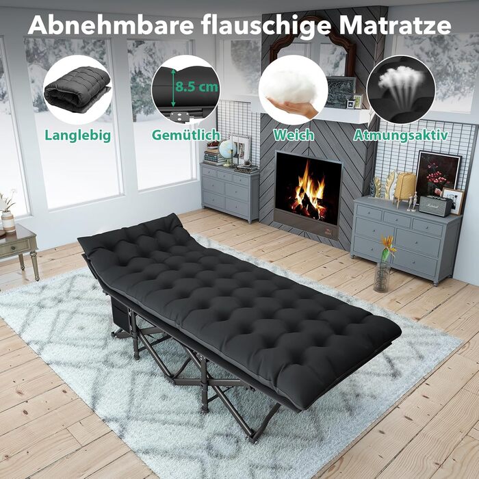 Розкладне похідне ліжко з матрацом, туристичне ліжко, легке, до 208 кг, гостьове ліжко, складне з сумкою для перенесення, сталеве туристичне ліжко для дорослих, для вулиці, приміщень, саду, подорожей, розкладне ліжко, чорне XL 190x735см