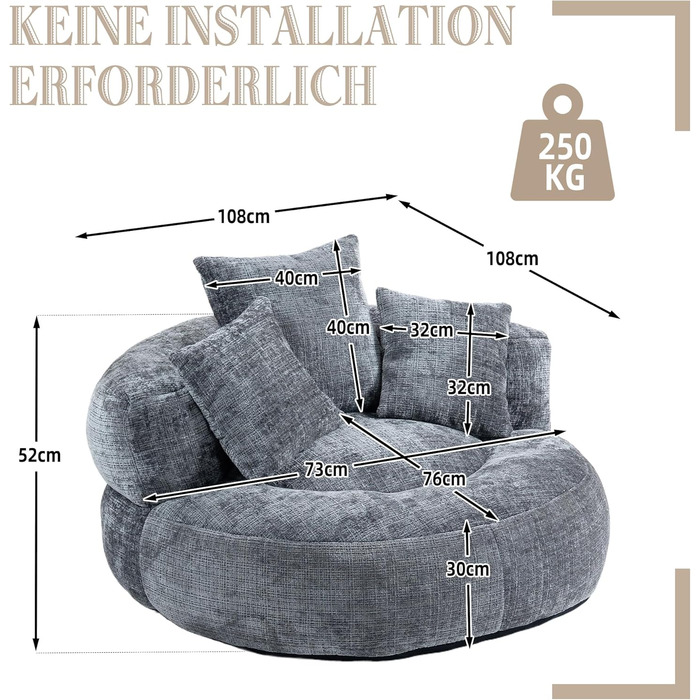 Міцний комфортний шезлонг Lazy Sofa з високою спинкою, крісло-мішок з трьома подушками для дорослих та дітей, для дому та вулиці (сірий)