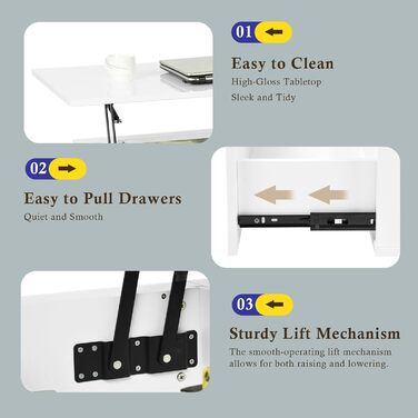 Журнальний столик з регульованою висотою, глянцевий стіл для вітальні зі світлодіодним підсвічуванням, відкритою полицею для демонстрації та 2 шухлядами, сучасний, 85 x 50 x 45 см, білий