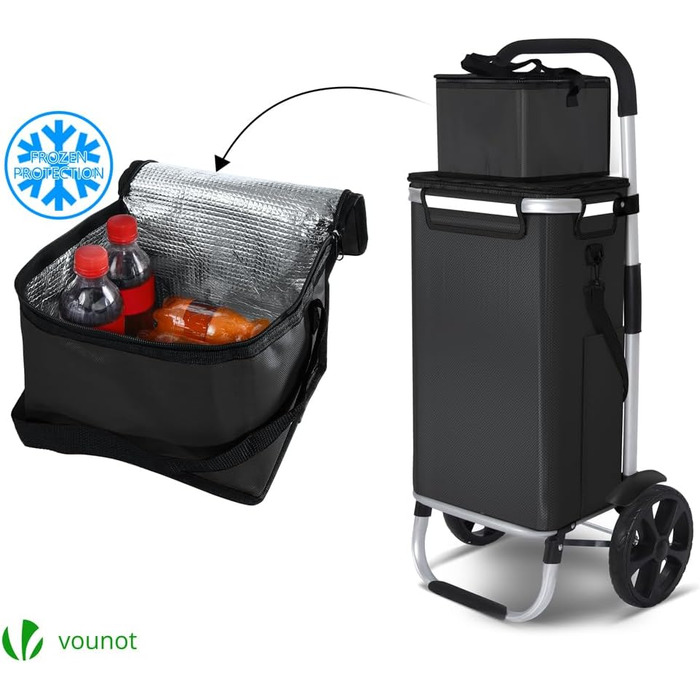 Алюмінієвий складаний візок для покупок 58л з водонепроникною сумкою та термо-відсіком, 2 великих колеса з брудозахисними крилами, складаний візок-драбина, чорний 58л