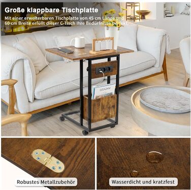 Приставний столик Hadulcet для дивана, С-подібний приставний столик, розкладна стільниця, столик для ноутбука з колесами, зарядна станція, вузький приставний столик для вітальні, спальні, висота 70 см, приставний столик темно-коричневого кольору