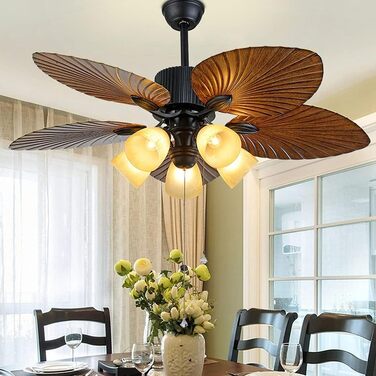 Стельові вентилятори в тропічному стилі зі скляним абажуром у формі квітки та лопаттю вентилятора у формі листка 52 старовинні сте
