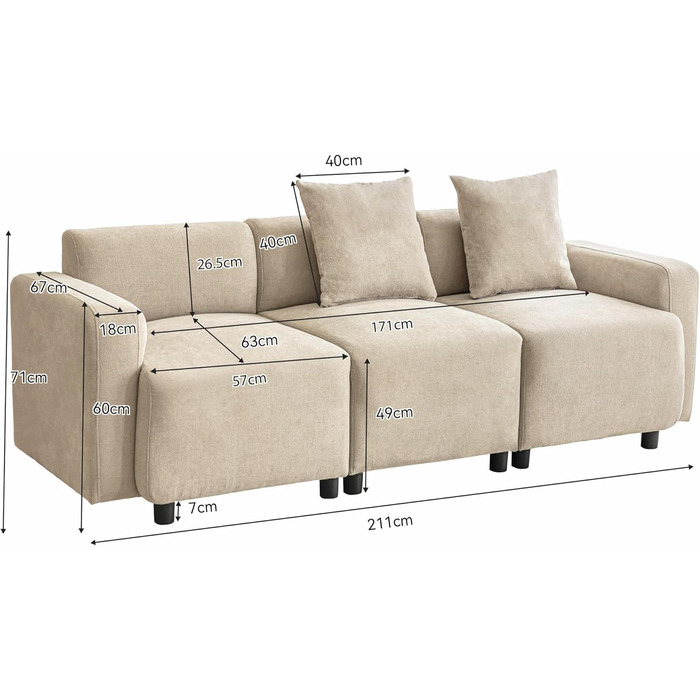 Місний диван, диван 211 см з функцією сну, шеніловий диван з 2 подушками, м&39які меблі для вітальні, спальні (кремовий) кремового кольору, 3-