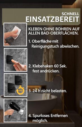 Рушникосушка без свердління - 5 шт. гачків для рушників для ванної кімнати, чорні клейкі гачки сучасні, стильні - гачки самоклеючі