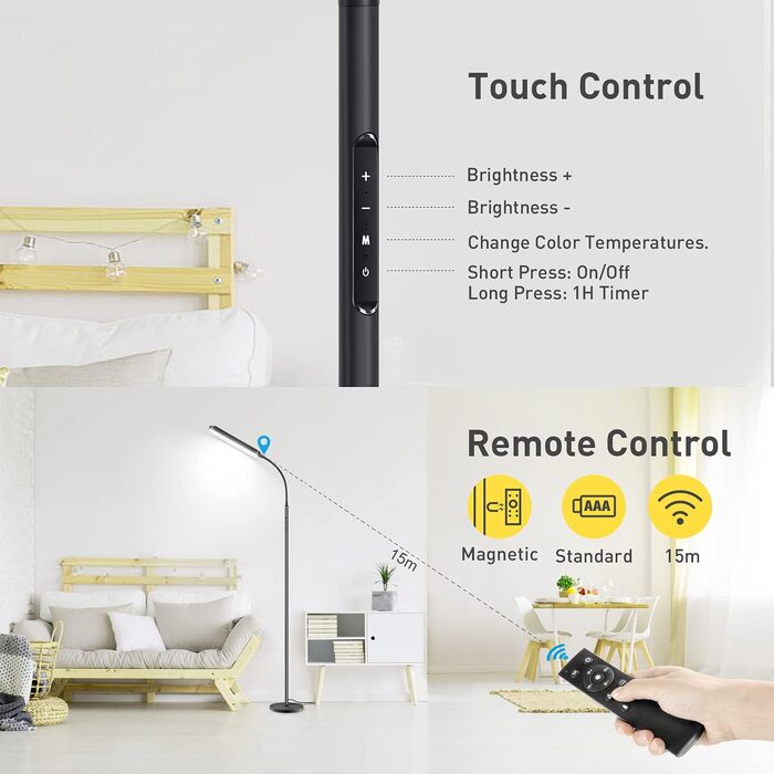 Торшер OUTON LED Dimmable 15 Вт 1500LM, лампа для читання з 4 колірними температурами, пульт дистанційного керування та сенсорне керування, таймер на 1 годину, освітлення для читання для вітальні, спальні, офісу, чорний