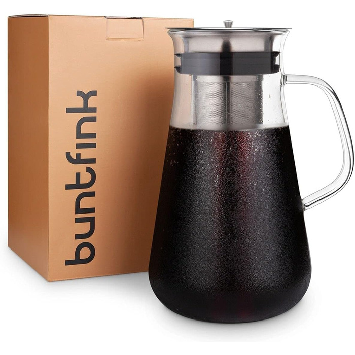 Кавоварка 3-в-1 buntfink MultiPitcher для холодного заварювання кави Графин скляний 1,5 л Графин для води з кришкою з нержавіючої сталі Кавоварка для холодного заварювання кави та чаю Без пластику