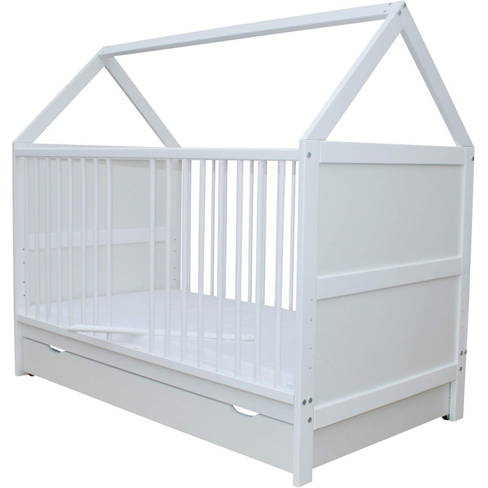 Дитяче ліжко Micoland, дитяче ліжко, дитяче ліжко, ліжко-будинок 140x70 см, опціонально з матрацом та шухлядою, трансформоване, масив дерева, біле, до 6 років (ліжко з матрацом та шухлядою)