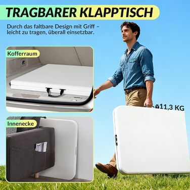 Розкладний садовий стіл Velway 180x74 см, фуршетний стіл - швидкий та простий у встановленні розкладний стіл для 6-8 осіб, водонепроникний, кемпінговий стіл, стіл для вечірок, стіл для блошиного ринку з ручкою для саду, патіо, балкону, білий