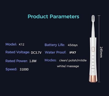 Електрична ультразвукова зубна щітка з 6 насадками, 5 режимів, акумуляторна батарея, працює 60 днів на повному заряді, 31000 вібрацій за хвилину, водонепроникність IPX7 (біла, доросла)