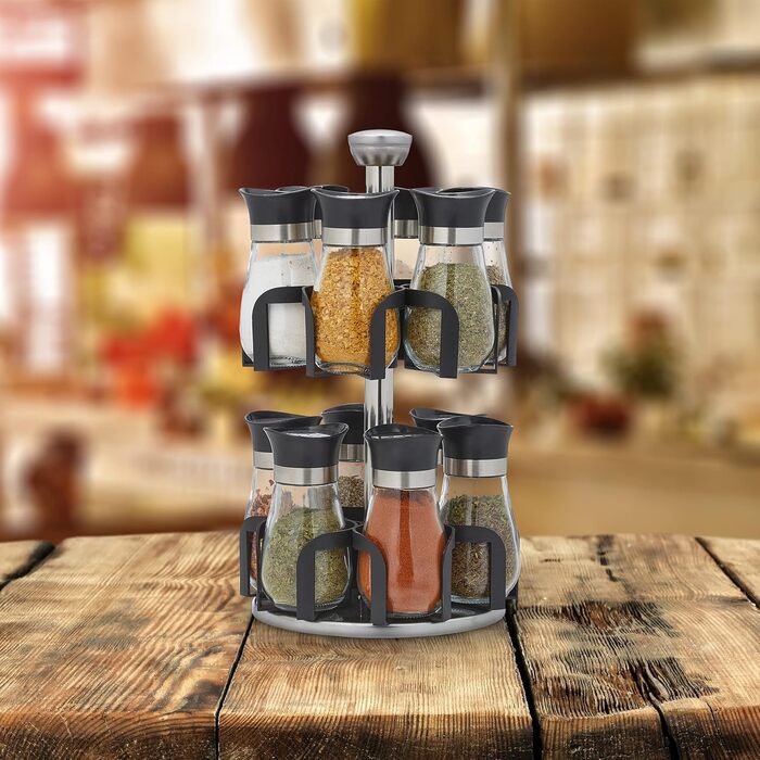 Карусель для спецій Relaxdays, 12 банок для спецій, обертається на 360, нержавіюча сталь, скло, ВxГ 31 x 18 см, підставка для спецій, сріблясто-чорна
