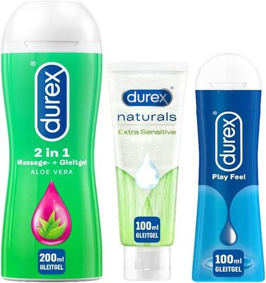 Набір пробних пакетів мастила з 3 шт. для нього та неї з 100 мл Durex Play Feel 100 мл Durex Naturals 200 мл Durex Play 2в1 Масаж та лубрикант Алое Вера