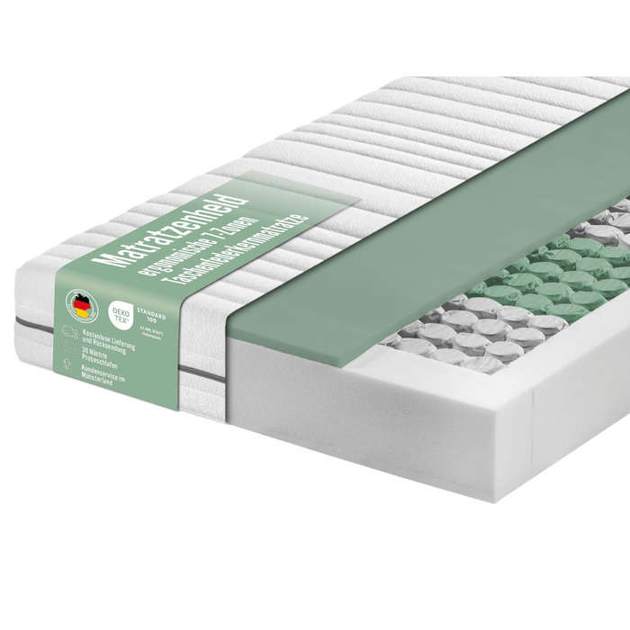 Матрац Hero 90x200 см Матрац Relax Pocket Spring Рівень жорсткості H3 Oeko-Tex Ергономічний 7-зонний матрац Висота 18 см Гіпоалергенний та антибактеріальний 90 x 200 см Рівень жорсткості 3 90 x 200 см