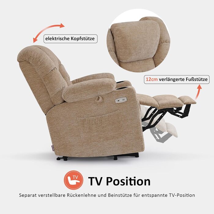 Крісло-реклайнер для телевізора M MCombo з електричним підйомником, 3 двигуни, окремо регульована спинка та підставка для ніг, крісло-реклайнер з функцією горизонтального положення до 170, регульований підголівник 7550 (шеніл, бежевий)
