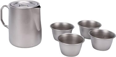 Чайний набір з нержавіючої сталі для подорожей, включає чайник з ситечком, 4 чашки та зручну сумку для зберігання. Ідеально підходить для кемпінгу та походів.