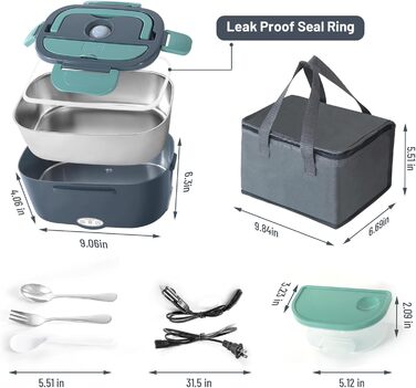 Електричний ланчбокс з підігрівом, портативний контейнер для їжі 1.5 л з нержавіючої сталі, герметичний. 3-в-1 для автомобіля (12V/24V), офісу (220V) та подорожей, з виделкою, ложкою та термосумкою (зелений)