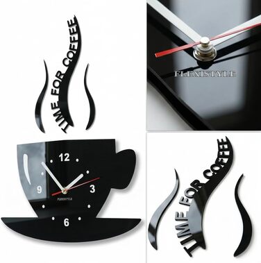 Настінний годинник FLEXISTYLE Tasse Zeit fr Kaffee для сучасної кухні, чорний, 3D римські цифри, декор, 32 x 19 см