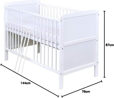 Дитяче ліжечко 70x140 см біле дитяче ліжко, що трансформується в дитяче ліжко &quotНаталі&quot, масив сосни, з прорізувачами