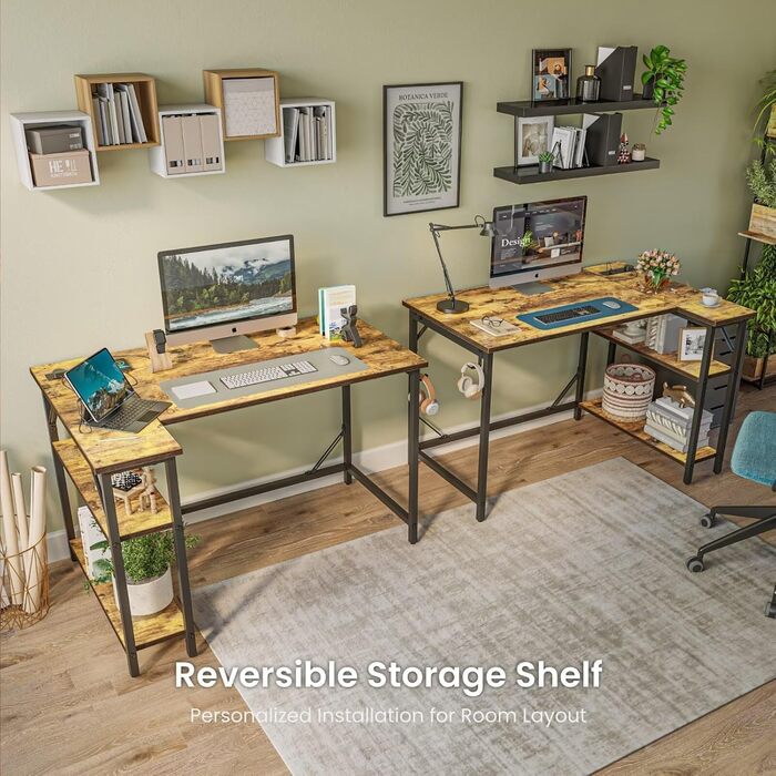 Невеликий L-подібний ігровий стіл з розетками, 140 x 70 см, кутовий комп&39ютерний стіл з великими полицями, що можна перевернути, для домашнього офісу, робоча станція для ПК з гачками для письма, навчання, рустикальний коричневий 140 x 70 см