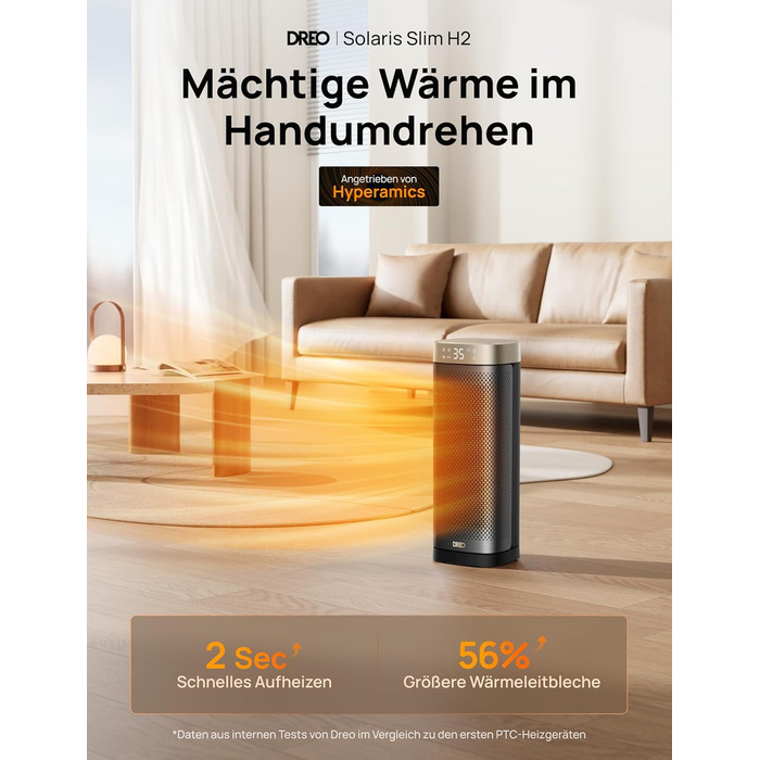 Енергозберігаючий тихий вентилятор-обігрівач DREO, керамічний нагрівальний елемент 2000 Вт з термостатом, 12-годинний таймер, 3 режими, коливання 70, 16-дюймовий електричний кімнатний обігрівач, захист від перегріву та перекидання, Solaris Slim H2, золоти