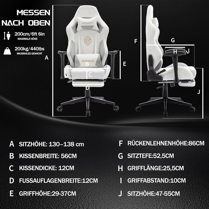 Ігрове крісло, біла шкіра, ігрове крісло з мікрофібри з підставкою для ніг, гоночне ігрове крісло з регульованими підлокітниками, поперекова подушка, підголівник, вантажопідйомність 180 кг, штучна замша - сталеві ніжки, білі