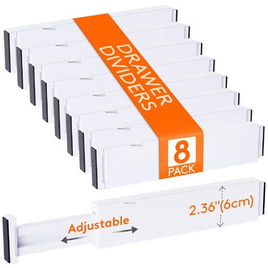 Набір із 8 регульованих роздільників для шухляд Lifewit, органайзери-роздільники для внутрішньої довжини 2840 см та висоти &gt6 см, для спальні, кухні, столових приборів, шаф, письмового столу, системи організації шухляд, білого кольору, 8 висоти 6 та дов