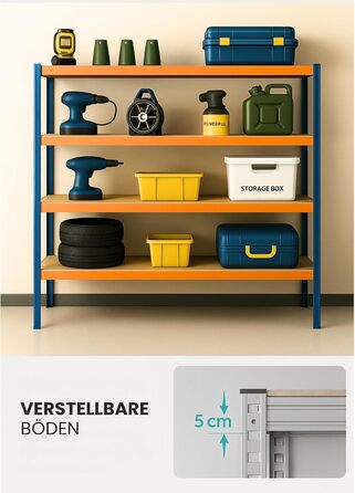 Потужний стелаж KARAT XXL, синьо-помаранчевий 200 x 180 x 60 см, стелажі для гаража, підвалу та майстерні - безболтові стелажі, широкопрохідні стелажі, підвальні стелажі, стелажі для майстерні (TitanRack Big)