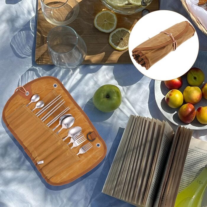 Набір столових приборів для кемпінгу Housoutil із сумкою для зберігання, полотняні столові прибори для пікніка, багатофункціональні столові прибори для подорожей для використання на свіжому повітрі, в школі, офісі та кемпінгу