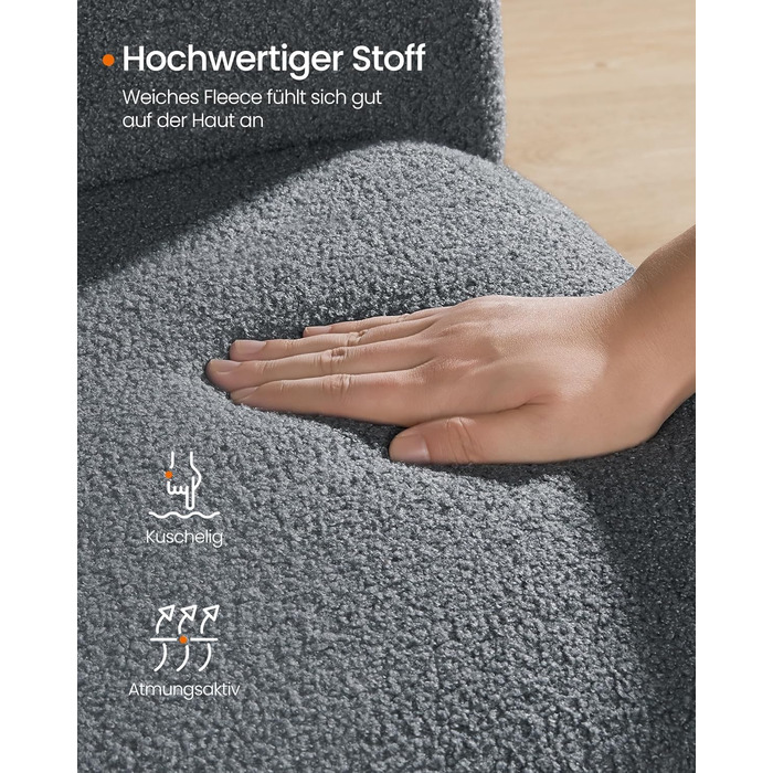 Крісло-гойдалка SONGMICS HOME з підлокітниками, крісло-реклайнер, оббите флісом, сталевий каркас, ніжки з каучукового дерева, вантажопідйомність до 136 кг, для спальні, вітальні, колір Сірий сланцевий LYY500G01 без підставки для ніг, колір Сірий сланцевий