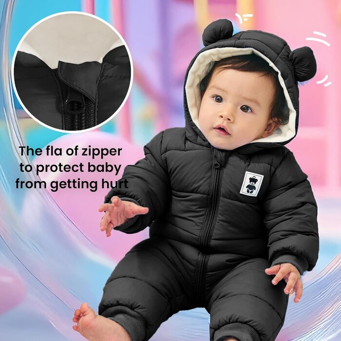 Дитячий зимовий комбінезон з капюшоном, зимовий комбінезон для хлопчиків та дівчаток, комбінезон з довгими рукавами, теплий одяг, подарунок, 9-12 місяців (), чорний