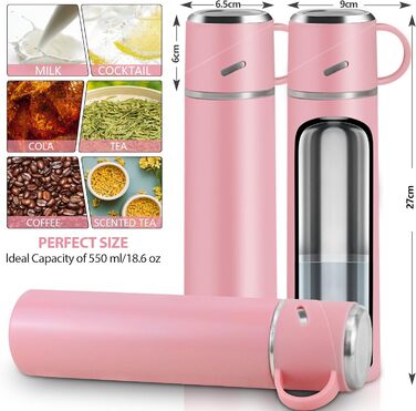 Термос 550 мл, ізольована пляшка для води з нержавіючої сталі, герметичний термос з чашкою та ручкою, без BPA, пляшка для води з подвійними стінками, зберігає напої гарячими та холодними протягом 12 годин, для використання в дорозі, на роботі та у спорті,