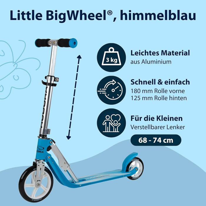 Дитячий самокат HUDORA Little BigWheel безпечний алюмінієвий міський самокат для дітей від 3 років, регульована висота, складаний механізм, навантаження до 100 кг, великі колеса, небесно-блакитний