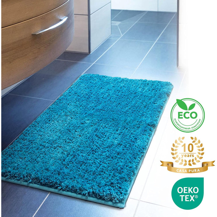 Килимок для ванни casa pura Sky Soft - Пухнастий, нековзний та м&39який килимок для ванни Килимок для ванни та душу для ванни, душу та туалету Можна прати в пральній машині та швидко сохне 80x150 см - Бірюзовий 80 x 150 см (Прямокутний) Бірюзовий