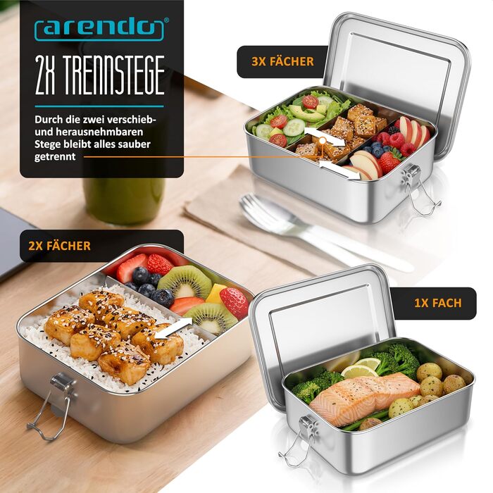 Ланчбокс з нержавіючої сталі 1200 мл з відділеннями два знімні роздільники герметичний завдяки силіконовій прокладці безпечна для харчових продуктів нержавіюча сталь для дітей та дорослих