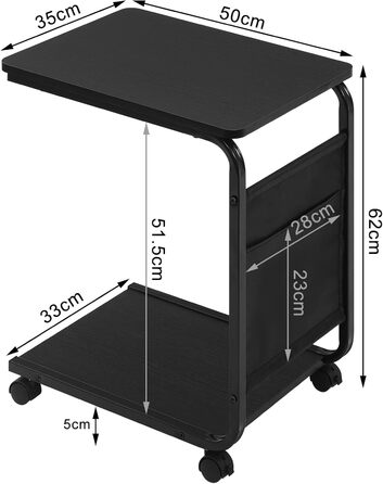 Журнальний столик WOLTU з 2 полицями та 1 бічною кишенею, журнальний столик-диван з місцем для зберігання, С-подібний стіл для вітальні, на колесах, для ліжка або дивана, виготовлений з дерева та металу, 50x62x35 см, чорний, BTS04sz