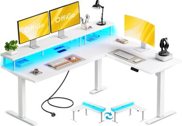 Стіл OffiGo з регульованою висотою, кутовий стіл 150x120 см з кріпленням для монітора, електричний L-подібний стіл з розетками, комп&39ютерний стіл зі світлодіодною стрічкою для офісу, білий