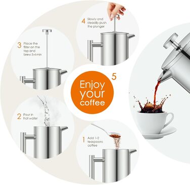 Кавоварка Enfmay French Press, 1 л френч-прес з нержавіючої сталі з 4 фільтрами та ложкою, знімна, легко чиститься, термо з ізоляцією з нержавіючої сталі для дому, подорожей та кемпінгу, срібло 1000 мл