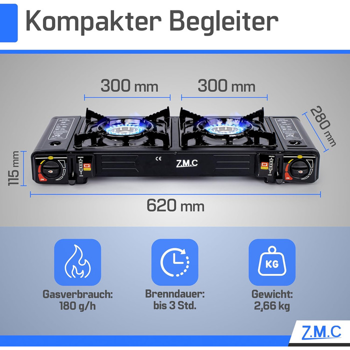 Газова плита для кемпінгу ZMC, 2 конфорки, 2,5 кВт, включаючи адаптер для підключення зрідженого газу та футляр для зберігання. Комплект кемпінгової плити з газовими картриджами та грильною пластиною (можна вибрати), з п&39єзорозпалом, для використання на