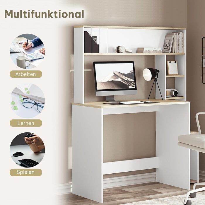 Письмовий стіл eSituro, комп&39ютерний стіл з 5 полицями, офісний стіл під біле дерево, ігровий стіл з місцем для зберігання, ПК-стіл для домашнього офісу, офісу, вітальні, 113,5x139x45 см білий дуб