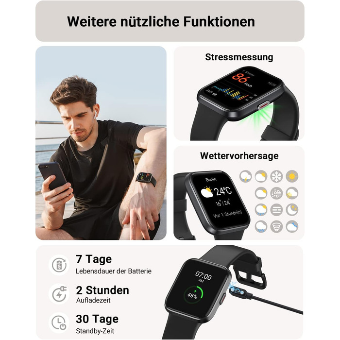 Розумний годинник Tensky для чоловіків з функцією телефону, жіночий розумний годинник 1,85 дюйма з Alexa, вбудована водонепроникність 3 атм, 110 спортивних режимів, крокомір, монітор серцевого ритму, монітор сну, фітнес-годинник SpO2, акумулятор 350 мАг д