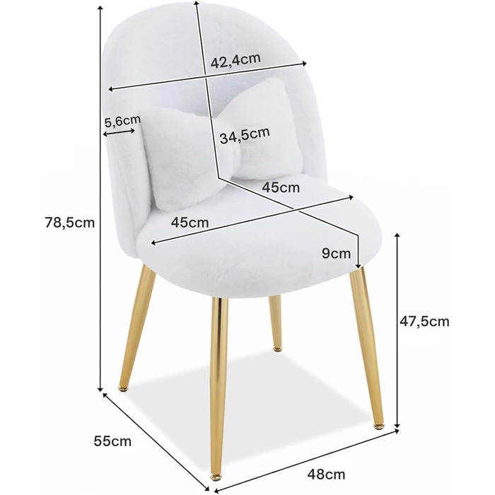 Крісло-туалет, крісло для вітальні, крісло для читання, з регульованими золотими ніжками та подушкою-бантом, імітація кролячого хутра (білий)