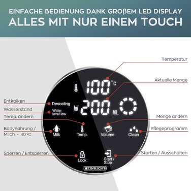 Диспенсер для гарячої води HEINRICHS - гаряча вода одним натисканням кнопки від 40 до 100 C, обсяг води 100 мл-400 мл на вибір, підходить для дитячого харчування, в т.ч. функція очищення фільтр, сенсорний дисплей, 2.7 л Heinrich