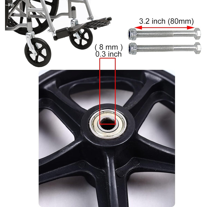 Запасні передні колеса для інвалідного візка - 2 шт. и, чорні тверді гумові нековзні колеса - 6 дюймів 7 дюймів 8 дюймів, запасні колеса для інвалідних візків, ходунки, аксесуари для запасних коліс з віссю 7,5 дюймів (190 мм) чорного кольору