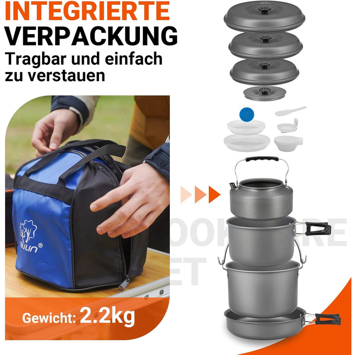 Набір посуду для кемпінгу Bulin, алюмінієві кемпінгові горщики, легкий набір для приготування їжі з складними столовими приборами та чайником, кемпінговий посуд для 1-2-4-6 осіб, ідеально підходить для кемпінгу, активного відпочинку на свіжому повітрі, пі