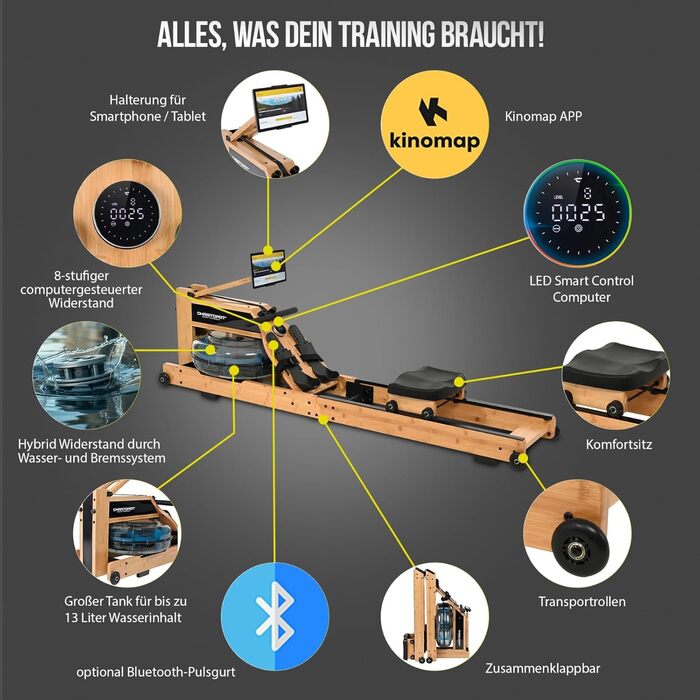 Складаний водний гребний тренажер Christopeit для домашнього використання WP5000 або Colorado - дерев&39яний гребний тренажер, гібридна система водно-магнітних систем, Kinomap, Bluetooth Colorado - бамбук