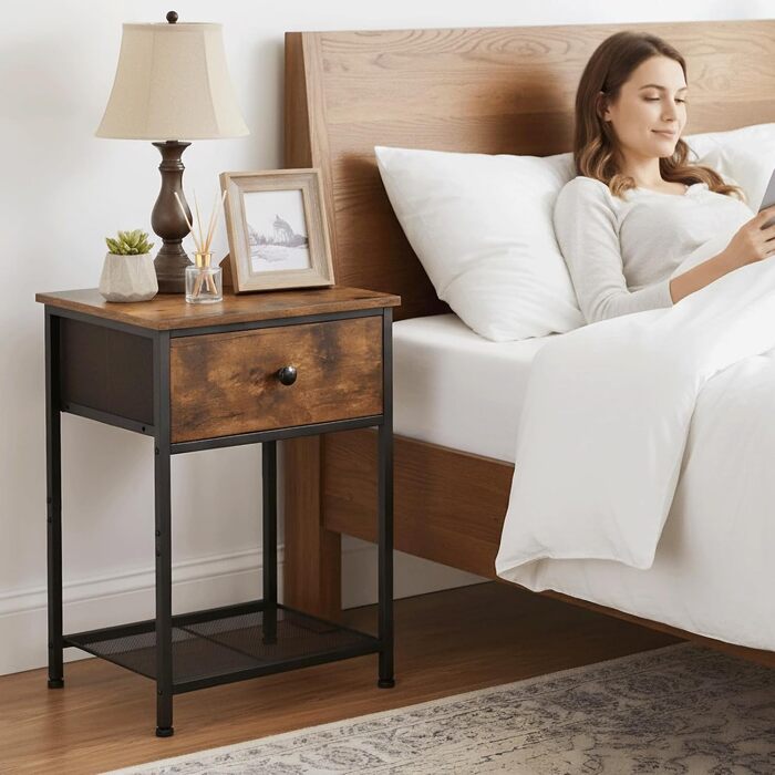 Набір з 2 тумбочек, Бічний столик з тканинними шухлядами, Тумбочка з 2 полицями, Тумбочка для спальні, Вітальні, Індустріальний стиль, 40 x 30 x 55 см Вінтажний коричневий EHET03SDBR