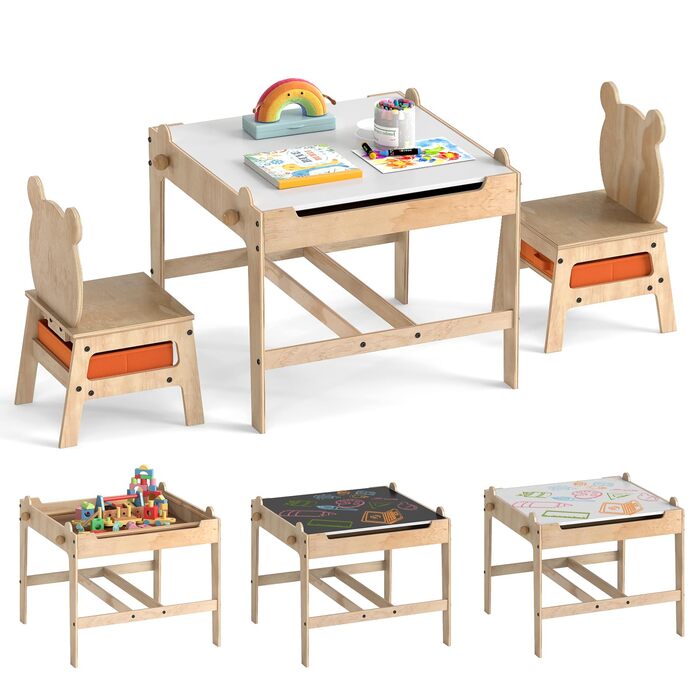 Дитячий стіл DREAMADE 3-в-1 з 2 стільцями, дерев&39яний дитячий комплект сидіння з двосторонньою магнітною дошкою, коробки для зберігання, спинки у формі ведмедика/робота, комплект дитячого столу та стільців, комплект меблів для дитячої кімнати (Ведмідь)