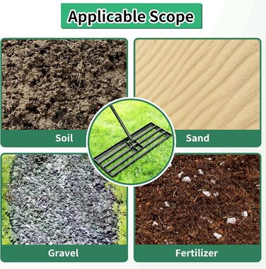 Гребінь для газону Rasen Rakel 75x25 см, міцний вирівнюючий грабель з ергономічною вигнутою ручкою (185 см), ідеально підходить для ґрунту, щебеню, добрив, саду, подвір'я та гольф-поля