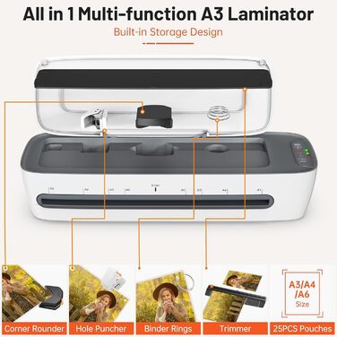 Ламінатор A3 A4 з 25 ламінувальними пакетами, 9-в-1 ламінатор A3 A4 A5 A6, ламінатор з різаком для паперу та закруглювачем кутів, ламінатори для фотографій для домашнього, офісного та шкільного використання