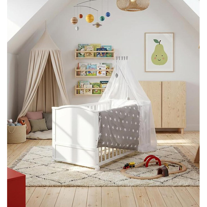 Дитячий комплект ліжка roba Little Stars - 70 x 140 см - Трансформоване/Доросле ліжко Повний текстиль у дизайні зірок - Регульована висота - Біле дерево / Little Stars