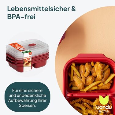 Контейнери для зберігання продуктів uandu з кришками, 2 відділення, набір з 3 предметів для мікрохвильової печі, герметичні контейнери для зберігання продуктів, коробки для приготування їжі, пластикові коробки без BPA з кришками, червоні, 3 x 1200 мл